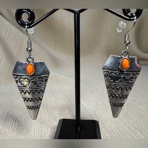 Silver Tone Tribal Earrings With Orange Stone Accents